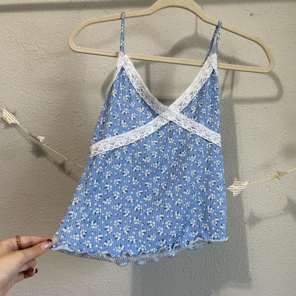 Blue Floral Lace Trim Cami Top